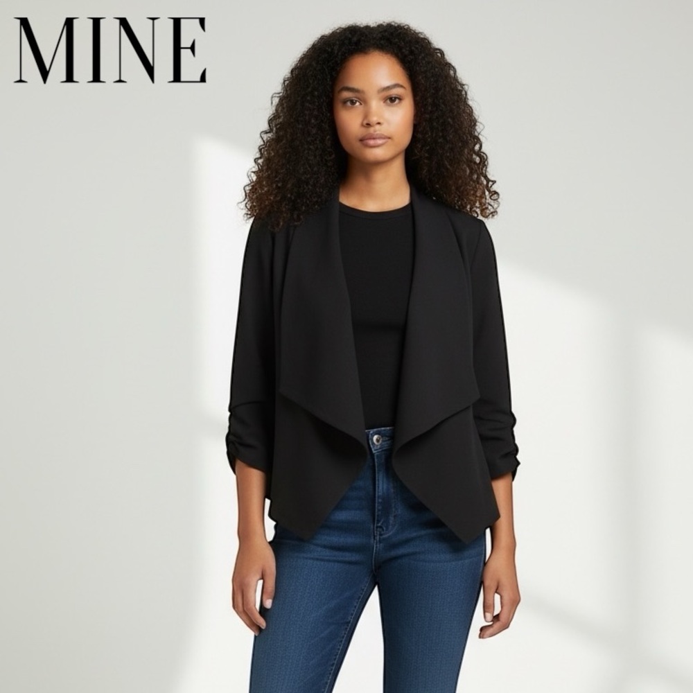 MINE Black Drape Front Blazer Jacket Ruched Sleeve Size S